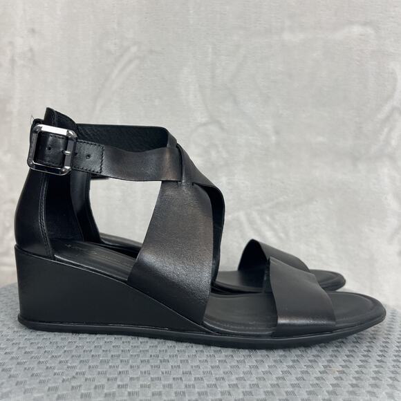 Ecco Shape 35 Wedge Sandals Womens Size 10 Black Leather Ankle Strap Shoes - Picture 1 of 13